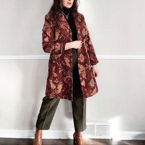 CAbi Long Floral Tapestry Maroon Coat